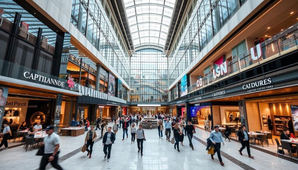 A bustling, modern shopping mall situated in the heart of a vibrant, cosmopolitan city. The exterior features a sleek, glass-and-steel façade with clean, geometric lines, hinting at the sophisticated, upscale ambiance within. Entering through the main entrance, one is greeted by a grand, airy atrium, bathed in natural light filtering through the skylights above. Rows of high-end retail stores, restaurants, and entertainment venues line the polished marble floors, creating a dynamic, bustling atmosphere. Shoppers and diners move through the space with a sense of purpose, immersed in the hum of activity. The overall aesthetic is one of sophistication, efficiency, and a celebration of the city's multicultural identity.