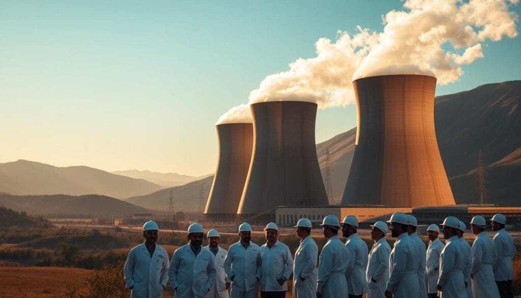 A bustling nuclear power plant stands tall against a backdrop of rolling hills and a clear blue sky. Glowing reactors tower over the scene, their sleek metallic frames casting long shadows across the landscape. Wisps of steam rise from the plant's cooling towers, creating a sense of energy and movement. In the foreground, a group of scientists in white lab coats and hardhats inspect the facility, their faces reflecting the importance of their work. The atmosphere is one of scientific innovation and technological progress, capturing the essence of modern Pakistan's advancements in nuclear energy.