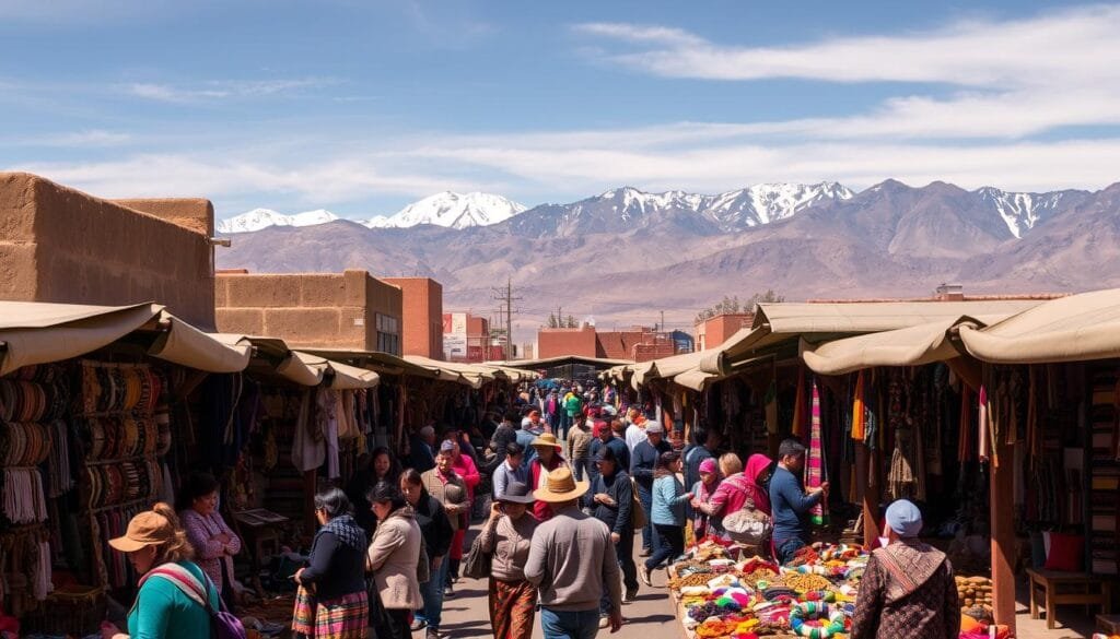 A bustling open-air market in La Paz, Bolivia, with vibrant handcrafted wares and colorful indigenous textiles. In the foreground, a lively scene of vendors and customers haggling over intricate weavings, carved wooden figurines, and traditional herbal remedies. The middle ground features a mix of adobe structures and tarp-covered stalls, creating a maze of activity. In the background, the iconic snow-capped peaks of the Andes mountains loom large, casting a serene backdrop to the energetic market atmosphere. Warm afternoon light filters through the stalls, illuminating the rich cultural tapestry of this centuries-old "Mercado de las Brujas" (Witches' Market). An authentic representation of Bolivia's vibrant artisanal traditions.