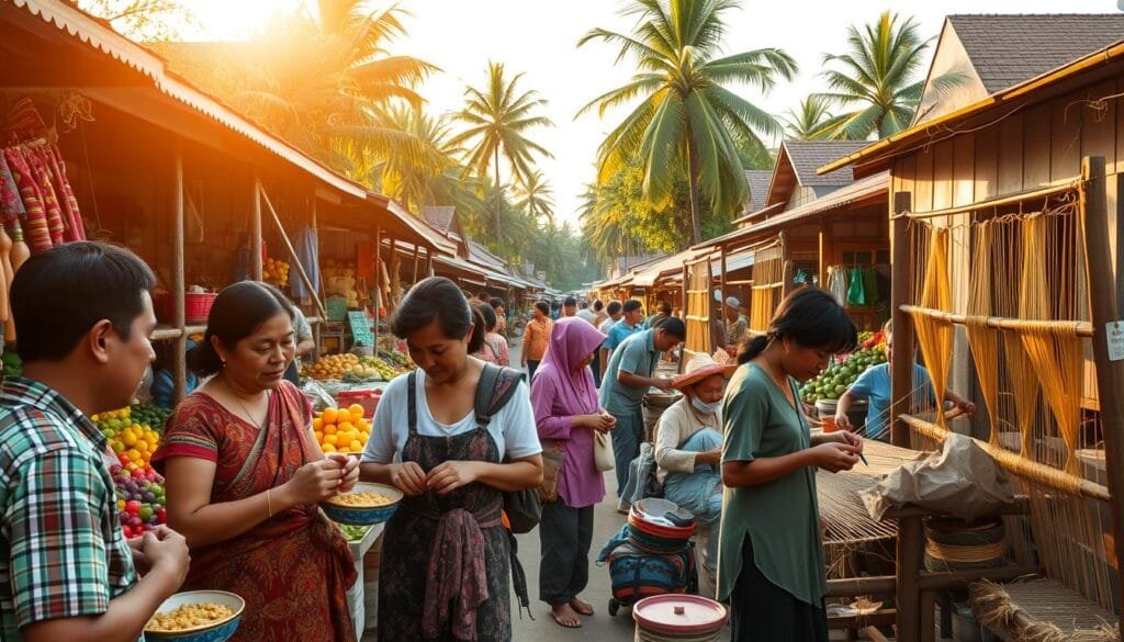 A bustling outdoor market in a quaint Indonesian town, with vendors selling an array of colorful produce, handcrafted goods, and local delicacies. In the foreground, a group of locals haggle good-naturedly over prices, their expressions animated as they engage in the time-honored tradition of bargaining. In the middle ground, artisans skillfully weave intricate textiles, their fingers moving with practiced ease. Overhead, the warm glow of the midday sun casts a soft, ambient light, illuminating the vibrant scene. In the background, a line of towering palm trees sway gently in the breeze, framing the market and suggesting the tranquil, rural setting. The overall mood is one of lively community, cultural heritage, and the rhythms of everyday life in this corner of Indonesia. A bustling outdoor market in a quaint Indonesian town, with vendors selling an array of colorful produce, handcrafted goods, and local delicacies. In the foreground, a group of locals haggle good-naturedly over prices, their expressions animated as they engage in the time-honored tradition of bargaining. In the middle ground, artisans skillfully weave intricate textiles, their fingers moving with practiced ease. Overhead, the warm glow of the midday sun casts a soft, ambient light, illuminating the vibrant scene. In the background, a line of towering palm trees sway gently in the breeze, framing the market and suggesting the tranquil, rural setting. The overall mood is one of lively community, cultural heritage, and the rhythms of everyday life in this corner of Indonesia.