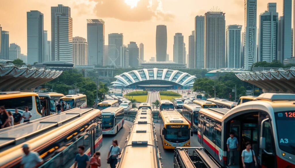 A bustling public transportation hub in the heart of Singapore, with a vibrant mix of modern buses, trains, and taxis. In the foreground, commuters hurry along sleek, futuristic platforms, their movements captured in a blur of motion. The middle ground features the iconic Changi Airport, its striking architectural design and lush greenery creating a sense of seamless integration with the urban landscape. In the background, towering skyscrapers and gleaming high-rises frame the scene, radiating a sophisticated, global atmosphere. The lighting is a warm, golden hue, casting a welcoming glow over the entire composition. The overall mood evokes the dynamism and efficiency of Singapore's renowned public transportation system, seamlessly connecting the city to the world.