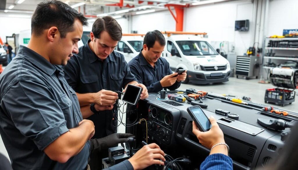 A bustling scene of technicians installing GPS equipment, with a focus on the installation process and the necessary components. In the foreground, two technicians carefully connect wiring and mount a compact GPS receiver unit onto a vehicle's dashboard, surrounded by a variety of tools and spare parts. In the middle ground, another technician is calibrating a handheld GPS device, checking signal strength and satellite coverage. In the background, a row of service vehicles and a well-stocked storage area suggest a professional GPS installation and maintenance operation. The lighting is bright and clean, accentuating the technical nature of the work, with a sense of efficiency and attention to detail. A bustling scene of technicians installing GPS equipment, with a focus on the installation process and the necessary components. In the foreground, two technicians carefully connect wiring and mount a compact GPS receiver unit onto a vehicle's dashboard, surrounded by a variety of tools and spare parts. In the middle ground, another technician is calibrating a handheld GPS device, checking signal strength and satellite coverage. In the background, a row of service vehicles and a well-stocked storage area suggest a professional GPS installation and maintenance operation. The lighting is bright and clean, accentuating the technical nature of the work, with a sense of efficiency and attention to detail.