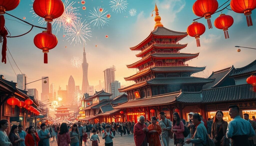 A bustling street in a traditional Chinese city, the sky aglow with vibrant red lanterns and fireworks. In the foreground, a family gathers to celebrate Lunar New Year, dressed in vibrant silks and satins. Children play with firecrackers, while elders exchange gifts and well-wishes. In the middle ground, a large, ornate temple stands tall, its intricate architecture highlighted by warm, golden lighting. The background features a sprawling cityscape, with towering skyscrapers and busy markets, reflecting the scale and energy of this annual cultural festival. The overall scene conveys a sense of celebration, tradition, and the enduring spirit of the Lunar New Year. A bustling street in a traditional Chinese city, the sky aglow with vibrant red lanterns and fireworks. In the foreground, a family gathers to celebrate Lunar New Year, dressed in vibrant silks and satins. Children play with firecrackers, while elders exchange gifts and well-wishes. In the middle ground, a large, ornate temple stands tall, its intricate architecture highlighted by warm, golden lighting. The background features a sprawling cityscape, with towering skyscrapers and busy markets, reflecting the scale and energy of this annual cultural festival. The overall scene conveys a sense of celebration, tradition, and the enduring spirit of the Lunar New Year.