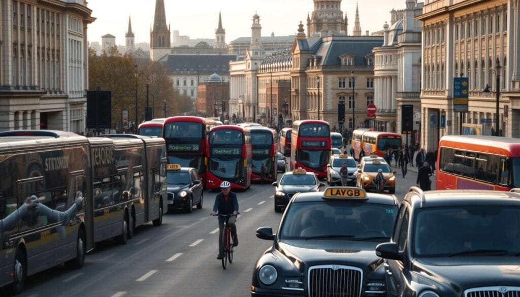 A bustling street scene in central London, showcasing the city's diverse modes of transportation. In the foreground, double-decker buses and iconic black cabs navigating the busy thoroughfare. In the middle ground, pedestrians strolling along the sidewalks, cyclists weaving through traffic, and commuters rushing to catch the Tube. In the background, the towering spires and facades of historic buildings create a picturesque urban landscape, bathed in the warm glow of a late afternoon sun. The scene captures the dynamism and efficiency of London's renowned public transportation network, a key part of the city's rich mobility culture.