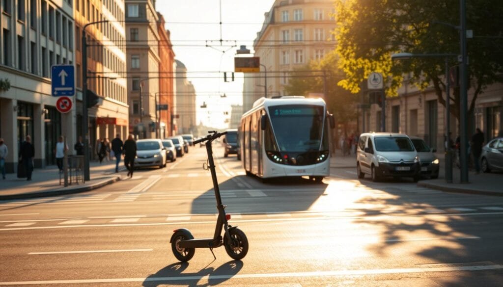 A bustling urban street in Estonia, illuminated by warm afternoon sunlight. In the foreground, an electric scooter glides smoothly along the bicycle lane, reflecting the innovative transportation solutions adopted by the country's thriving startup ecosystem. The middle ground features a sleek, autonomous shuttle bus navigating through traffic, while the background showcases a network of modern, well-connected public transit options, including a light rail system. The scene conveys a sense of efficient, sustainable mobility that supports the growth and connectivity of Estonia's dynamic startup community.