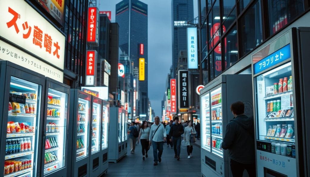 A bustling urban street scene, with a row of brightly lit vending machines standing prominently in the foreground. The machines feature a sleek, modern design with a variety of snacks, drinks, and other items neatly displayed behind their glass panels. The middle ground is filled with pedestrians casually walking by, some pausing to make a purchase. In the background, towering skyscrapers and neon signs create a futuristic, technological atmosphere. The lighting is crisp and well-balanced, capturing the machines' glossy surfaces and the dynamic energy of the city. The overall mood is one of efficiency, convenience, and the ubiquity of everyday technology in contemporary Japanese life.