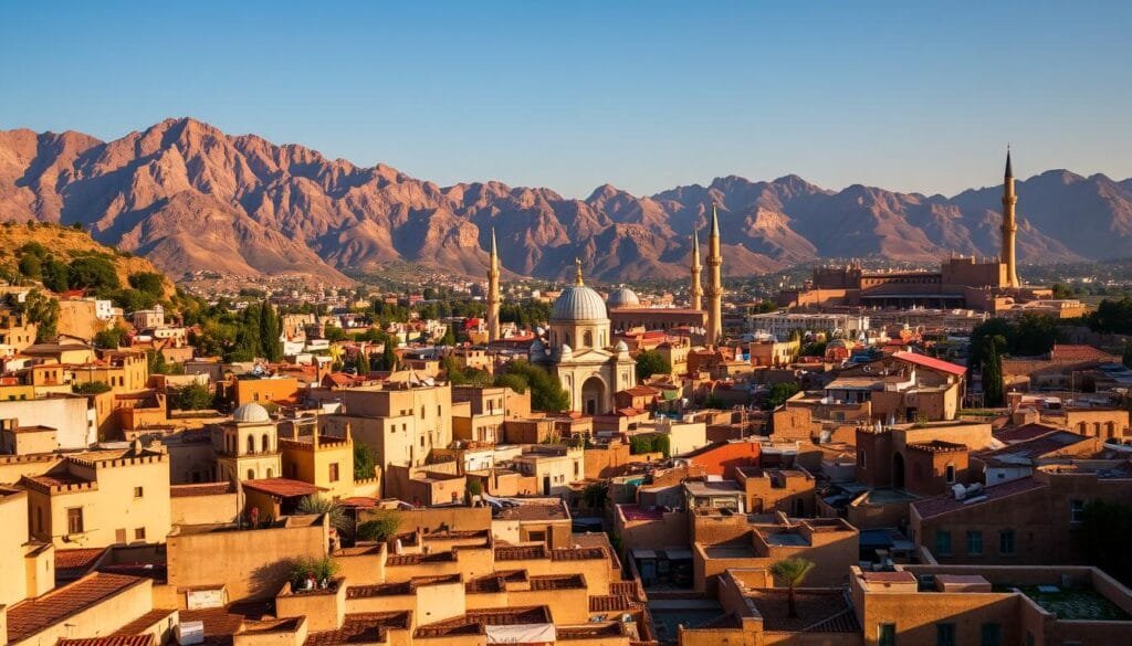 A bustling, vibrant city nestled against a backdrop of rugged mountains, its winding streets and towering spires bathed in the warm glow of the afternoon sun. In the foreground, a maze of tightly-packed adobe buildings with intricate, geometric patterns adorning their facades, their rooftops dotted with flowering plants and colorful textiles fluttering in the gentle breeze. The middle ground reveals a grand, domed mosque, its minaret piercing the sky, while in the distance, the silhouettes of ancient, walled fortresses stand guard over the cityscape. The overall atmosphere is one of timeless beauty, cultural richness, and a harmonious blend of the natural and the built environment. A bustling, vibrant city nestled against a backdrop of rugged mountains, its winding streets and towering spires bathed in the warm glow of the afternoon sun. In the foreground, a maze of tightly-packed adobe buildings with intricate, geometric patterns adorning their facades, their rooftops dotted with flowering plants and colorful textiles fluttering in the gentle breeze. The middle ground reveals a grand, domed mosque, its minaret piercing the sky, while in the distance, the silhouettes of ancient, walled fortresses stand guard over the cityscape. The overall atmosphere is one of timeless beauty, cultural richness, and a harmonious blend of the natural and the built environment.