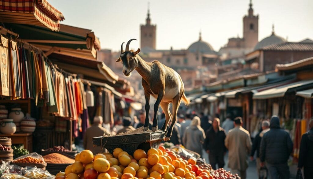 A busy street market in a Moroccan medina, vendors selling a variety of goods - handcrafted textiles, spices, and local produce. In the foreground, a goat perched atop a fruit stall, browsing the wares, its agile movements captured in a warm, golden afternoon light. The background features the iconic tiled rooftops and minaret silhouettes, creating a harmonious blend of the everyday and the exotic. The scene conveys a sense of vibrant commerce and the intertwining of human and animal life in the rhythm of this ancient, thriving economy. A busy street market in a Moroccan medina, vendors selling a variety of goods - handcrafted textiles, spices, and local produce. In the foreground, a goat perched atop a fruit stall, browsing the wares, its agile movements captured in a warm, golden afternoon light. The background features the iconic tiled rooftops and minaret silhouettes, creating a harmonious blend of the everyday and the exotic. The scene conveys a sense of vibrant commerce and the intertwining of human and animal life in the rhythm of this ancient, thriving economy.