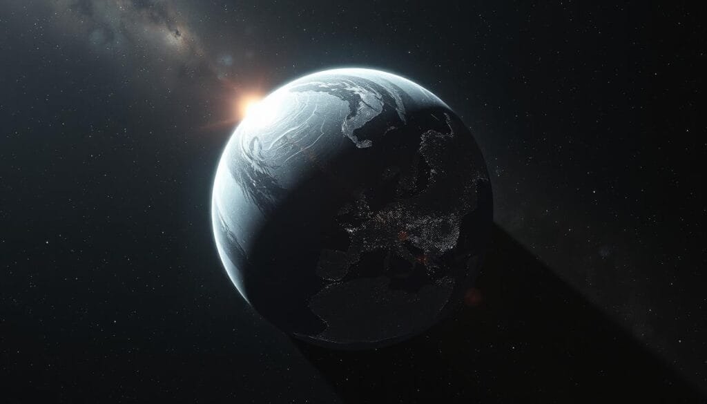 A captivating, cinematic illustration of the enigmatic exoplanet 55 Cancri e. Hovering amidst a starry cosmos, its surface shimmers with a mesmerizing sheen, suggesting a landscape of pure crystalline beauty. Twinkling lights dance across its surface, hinting at the planet's unique geological composition - a world primarily made of diamond. Dramatic lighting casts dramatic shadows, emphasizing the alien, almost supernatural quality of this celestial wonder. The viewer is drawn into the scene, transported to this distant, diamond-encrusted world, as if glimpsing a tantalizing vision of an alternate planetary reality.
