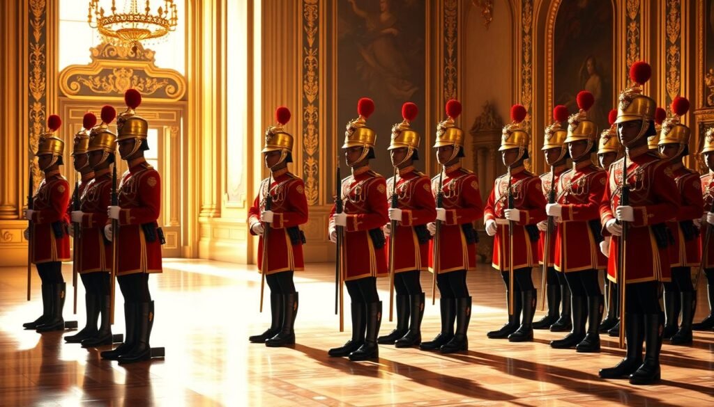 A ceremonial and ornate royal guard unit, the Guardia Real, stands at attention in a grand palace setting. Resplendent in immaculate uniforms of vibrant crimson and gold, their polished helmets and burnished weapons gleam under the warm, dramatic lighting. Statuesque and disciplined, their rigid posture conveys an aura of unwavering dedication and impeccable training. The lavish, opulent backdrop features ornate architectural details, lush tapestries, and gilded accents, elevating the regal atmosphere. A sense of solemn duty and unbending loyalty permeates the scene, capturing the essence of this elite protective force charged with safeguarding the crown.