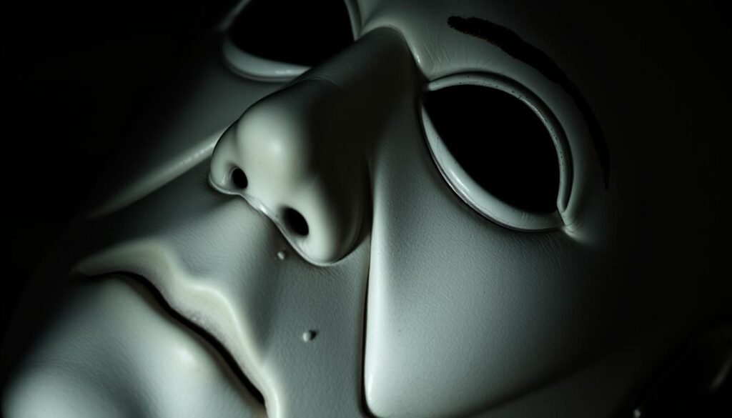 A chilling close-up of the iconic Michael Myers mask, its blank white features and sunken eyes evoking pure terror. The surface has a weathered, almost chalky texture, with subtle imperfections that suggest its history as a repurposed Captain Kirk mask. Dramatic low-key lighting casts dramatic shadows, creating an ominous, unsettling atmosphere. The mask dominates the frame, filling the viewer's field of vision and demanding their attention, hinting at the menacing presence that lurks behind it.