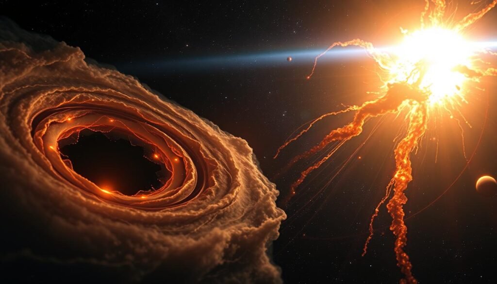 A cinematic depiction of the life cycle of a star, captured with cinematic lighting and a wide-angle lens. In the foreground, a glowing protostar emerges from a swirling nebula, illuminating the intricate dusty tendrils. The midground showcases the main sequence of the star's life, a bright, pulsing orb radiating energy. In the distant background, the dramatic finale unfolds - a supernova explosion, its fiery tendrils lashing out against the inky blackness of space, marking the end of an ancient celestial giant. The scene conveys the immense timescales and dramatic transformations that stars undergo, from their birth to their cataclysmic death.