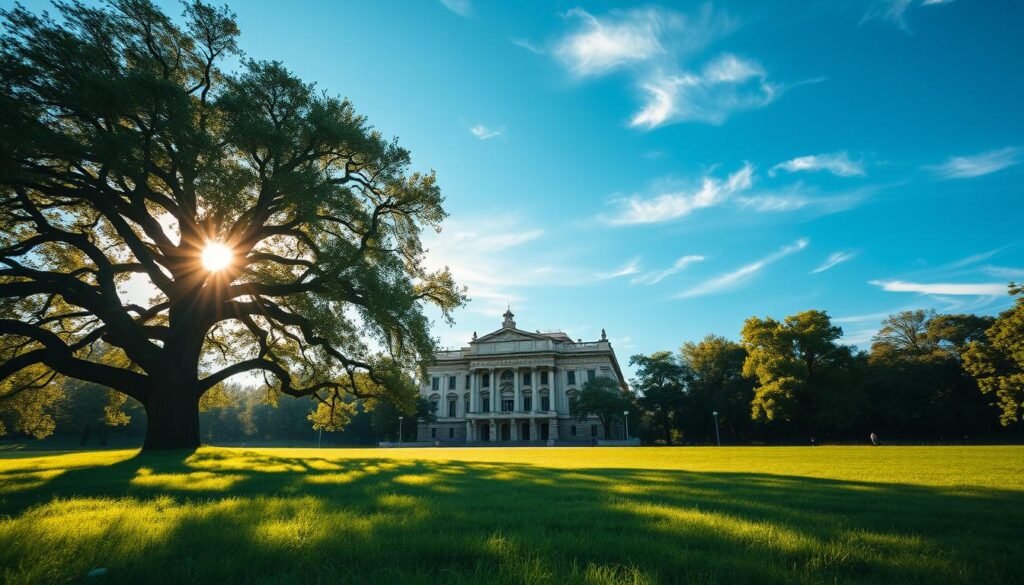 A cinematic landscape of a lush, verdant meadow, with a majestic, sprawling oak tree in the foreground. Dappled sunlight filters through the canopy, casting a warm, golden glow over the scene. In the middle ground, a grand, ornate concert hall stands proudly, its architecture a harmonious blend of classic and contemporary styles. The sky above is a vast, azure expanse, with wispy clouds drifting lazily overhead. The mood is one of wonder and enchantment, as if the very air is charged with the anticipation of a magnificent musical performance. The overall composition evokes a sense of timeless elegance and the power of orchestral music to transport the viewer to a realm of pure, cinematic magic.