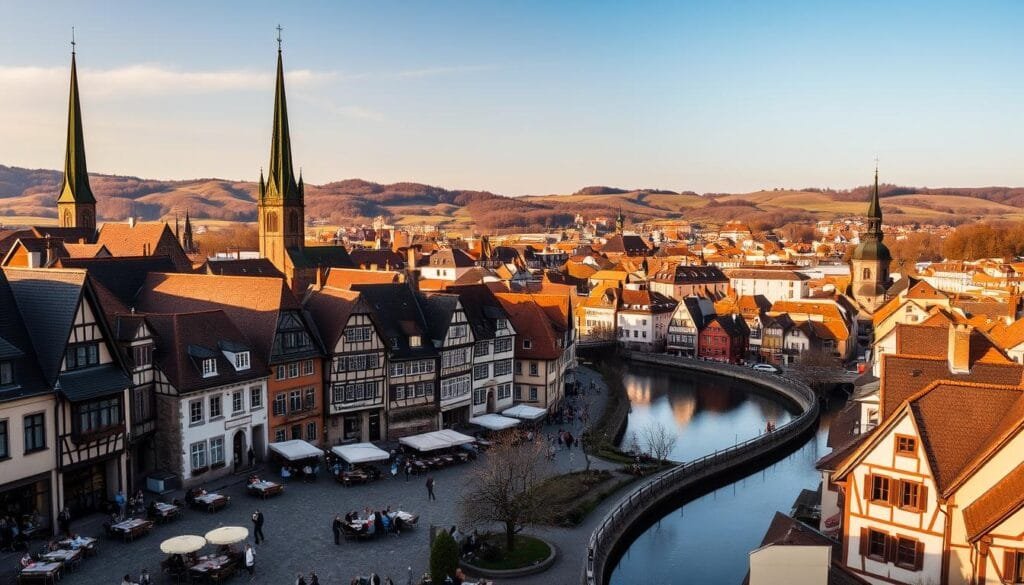 A cityscape of quaint old-world German towns, with cobblestone streets, half-timbered houses, and church steeples rising into a warm, golden-hour sky. In the foreground, a bustling town square with outdoor cafes, locals and tourists mingling under the soft light. The middle ground features a winding river or canal, its still waters reflecting the charming architecture. In the distance, rolling hills dotted with more picturesque villages, creating a serene, postcard-perfect scene. The overall atmosphere evokes a sense of timeless, old-world European charm and tranquility. A cityscape of quaint old-world German towns, with cobblestone streets, half-timbered houses, and church steeples rising into a warm, golden-hour sky. In the foreground, a bustling town square with outdoor cafes, locals and tourists mingling under the soft light. The middle ground features a winding river or canal, its still waters reflecting the charming architecture. In the distance, rolling hills dotted with more picturesque villages, creating a serene, postcard-perfect scene. The overall atmosphere evokes a sense of timeless, old-world European charm and tranquility.