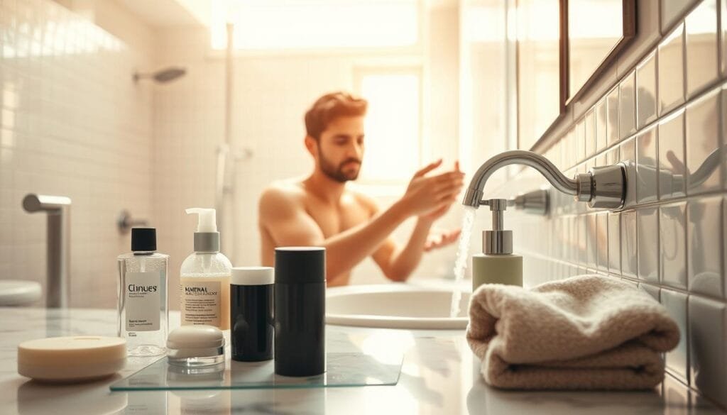 A clean, well-lit bathroom setting with a focus on effective hygiene strategies. In the foreground, a variety of grooming products such as soap, deodorant, and a washcloth are neatly arranged on a marble countertop. The middle ground features a person meticulously washing their hands under running water, their face reflecting the importance of maintaining good personal hygiene. In the background, a minimalist tiled wall and a mirror convey a sense of cleanliness and order. Warm, natural lighting filters through a window, creating a calming and refreshing atmosphere. The overall composition emphasizes the significance of proper hygiene in controlling body odor.
