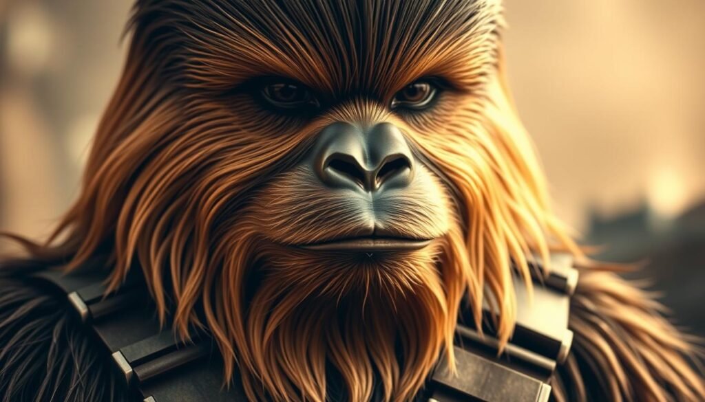 A close-up portrait of Chewbacca, the iconic Wookiee co-pilot from the Star Wars universe. The furry, towering figure is rendered in a warm, sepia-toned palette, emphasizing the weathered, rugged features of his face. Chewbacca's deep-set eyes convey a sense of wisdom and loyalty, while his distinctive bandolier and ammo belt add a touch of character. The lighting is soft and directional, casting subtle shadows that accentuate the texture of his fur. The background is blurred, keeping the focus on Chewbacca's expressive countenance and allowing the viewer to contemplate the etymology and cultural significance of his name.