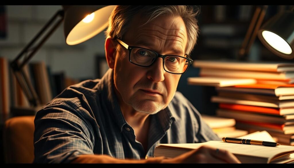 A close-up portrait of Chip Kidd, a renowned American book designer, seated at his desk, surrounded by books, sketches, and design tools. Kidd's face is illuminated by the warm glow of a desk lamp, casting dramatic shadows that accentuate his focused, pensive expression. The background is blurred, creating a sense of depth and highlighting the subject. The overall scene conveys Kidd's creative process and his expertise in the field of editorial design, alluding to his influential role in shaping the iconic Jurassic Park logo.