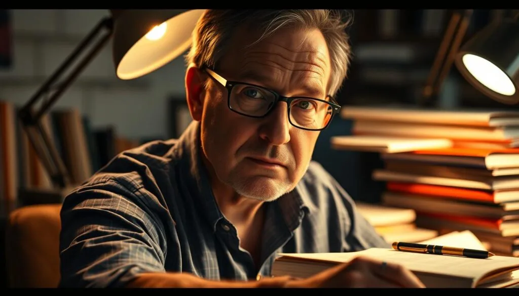 A close-up portrait of Chip Kidd, a renowned American book designer, seated at his desk, surrounded by books, sketches, and design tools. Kidd's face is illuminated by the warm glow of a desk lamp, casting dramatic shadows that accentuate his focused, pensive expression. The background is blurred, creating a sense of depth and highlighting the subject. The overall scene conveys Kidd's creative process and his expertise in the field of editorial design, alluding to his influential role in shaping the iconic Jurassic Park logo. A close-up portrait of Chip Kidd, a renowned American book designer, seated at his desk, surrounded by books, sketches, and design tools. Kidd's face is illuminated by the warm glow of a desk lamp, casting dramatic shadows that accentuate his focused, pensive expression. The background is blurred, creating a sense of depth and highlighting the subject. The overall scene conveys Kidd's creative process and his expertise in the field of editorial design, alluding to his influential role in shaping the iconic Jurassic Park logo.