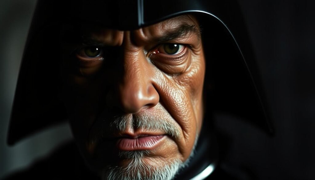 A close-up portrait of James Earl Jones, the legendary actor known for his iconic voice as Darth Vader in the Star Wars franchise. The scene is lit with dramatic side lighting, casting deep shadows across his weathered, authoritative face. Jones' piercing gaze commands attention, his brow furrowed with intensity. The background is softly blurred, keeping the focus on the subject's striking features - the regal nose, the strong jaw, and the unmistakable depth of his voice. The overall mood is one of power, gravitas, and the weight of a legendary performance that has become ingrained in popular culture.