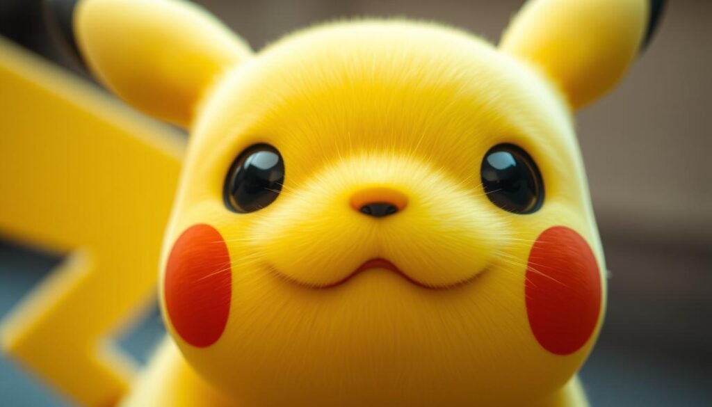 A close-up portrait of Pikachu, the iconic Pokémon character, gazing directly at the viewer with its signature wide-eyed, innocent expression. The Pokémon's vibrant yellow fur is meticulously detailed, with subtle highlights and shadows that accentuate its rounded, cuddly features. The image is shot from a slightly low angle, creating a sense of endearing intimacy and emphasizing Pikachu's friendly and approachable demeanor. The background is subtly blurred, keeping the focus entirely on the Pokémon's captivating face. The lighting is soft and natural, casting a warm, nostalgic glow that evokes the charming aesthetic of the Pokémon anime series.