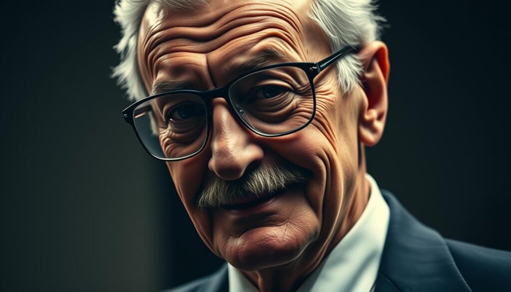 A close-up portrait of Stan Lee, the legendary Marvel Comics creator, captured in a classic superhero-inspired cameo moment. The scene depicts Lee in a smart suit and tie, his iconic mustache and glasses framing a warm, knowing expression as he gazes directly at the viewer. The lighting is dramatic, casting his face in chiaroscuro shadows, evoking the dynamic visual style of classic comic book panels. The background is blurred, drawing the focus entirely to Lee's charismatic presence, immortalized in a quintessential cameo that epitomizes his enduring legacy and impact on the world of Marvel and beyond.