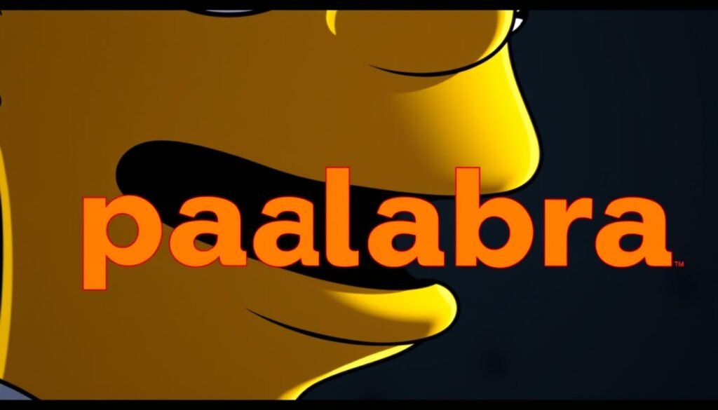 A close-up shot of Bart Simpson's mouth, slightly open, with the word "palabra" clearly visible in bold, vibrant text. The image is lit from the side, casting dramatic shadows and highlights that accentuate the details of Bart's iconic features. The background is blurred, putting the focus entirely on the central subject. The overall mood is one of curiosity and anticipation, setting the stage for the reveal of Bart's first spoken word.