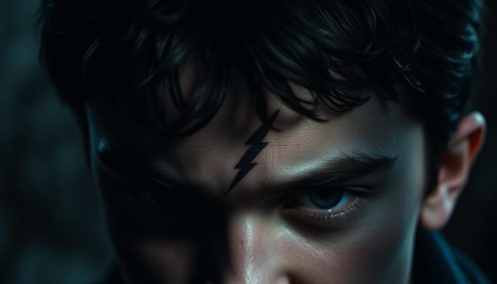 A close-up shot of Harry Potter's iconic lightning bolt-shaped scar on his forehead, rendered in a somber, introspective style. The scar appears slightly raised, with uneven, textured edges that convey a sense of raw, lingering pain. The lighting is dramatic, casting deep shadows that accentuate the scar's form and symbolism. The background is blurred, keeping the focus solely on the scar as a visual metaphor for the character's past trauma and the protection it represents. The overall mood is contemplative, inviting the viewer to reflect on the deeper meaning and emotional resonance of this powerful physical mark.