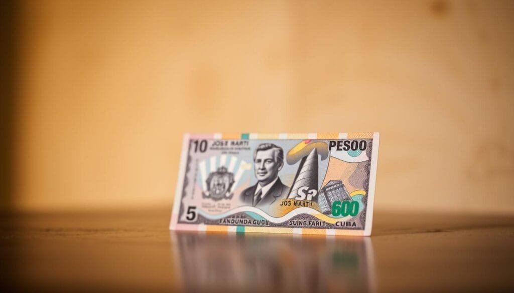 A close-up shot of a Cuban peso banknote, positioned centrally against a soft, blurred background. The banknote is crisp and well-illuminated, showcasing its intricate design details - the emblem of Cuba, the portrait of José Martí, and the vibrant colors. The lighting is warm and natural, creating a sense of authenticity and familiarity. The depth of field is shallow, ensuring the peso is the focal point, while the surrounding environment fades into a hazy, indistinct backdrop, evoking the everyday use and significance of this national currency within the Cuban economy and daily life.
