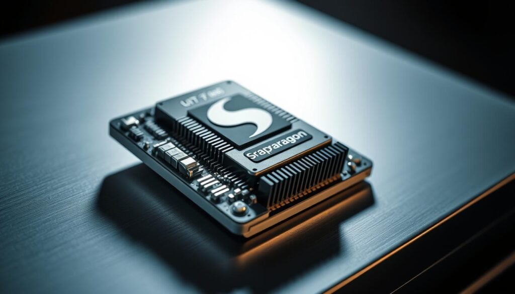A close-up shot of a high-performance mobile processor, the Snapdragon Elite, resting on a sleek, metallic surface. The processor's intricate architecture is meticulously rendered, with its advanced cooling system and precision-engineered components clearly visible. The lighting is dramatic, creating a sense of power and technological sophistication. The background is blurred, placing the focus entirely on the processor's impressive design and capabilities. The overall mood is one of cutting-edge technology, ready to power the latest generation of flagship smartphones.