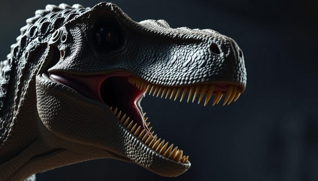 A close-up shot of a velociraptor's head, its mouth agape, emitting a guttural, throaty call. The creature's reptilian features are rendered in striking detail, with scales, teeth, and piercing eyes that convey a sense of primal power. Dramatic lighting casts dramatic shadows, heightening the intensity of the moment. The background is blurred, keeping the focus firmly on the velociraptor's expressive face and its resonant, primal vocalizations. The image captures the true, unexpected nature of the velociraptor's iconic sound, hinting at its origins in the mating calls of a more humble creature.