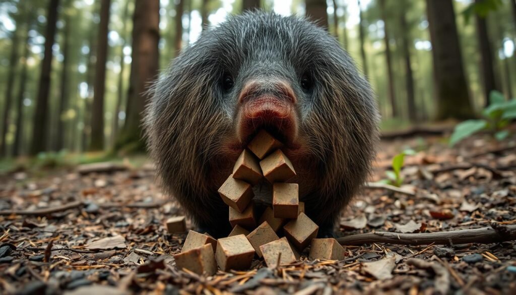 A close-up shot of a wombat defecating cubic-shaped feces on a forest floor. The wombat is positioned in the center of the frame, its rump facing the viewer. The feces emerge from the wombat's rear in a uniform, geometric pattern, contrasting with the organic, earthy tones of the surrounding environment. Soft, diffused lighting filters through the canopy above, casting gentle shadows that accentuate the textural details of the wombat's fur and the unique shape of the waste. The overall scene conveys a sense of scientific curiosity and wonder at the natural world's unique phenomena.