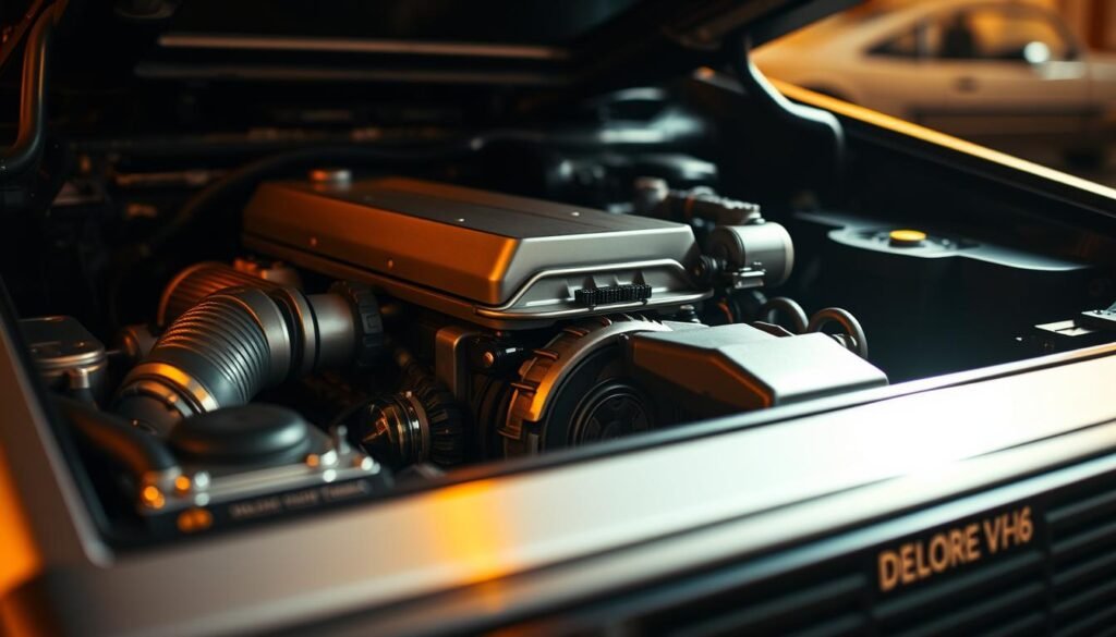 A close-up shot of the engine bay of a DeLorean DMC-12, with the iconic V6 engine in the foreground. The engine rumbles and growls, its powerful exhaust note echoing through the scene. The lighting is dramatic, with warm, golden tones illuminating the metallic surfaces and casting long shadows. The background is blurred, hinting at the futuristic design of the DeLorean. The overall atmosphere evokes a sense of science fiction, capturing the essence of the "Back to the Future" franchise and the unexpected audio experience of the V6 engine.