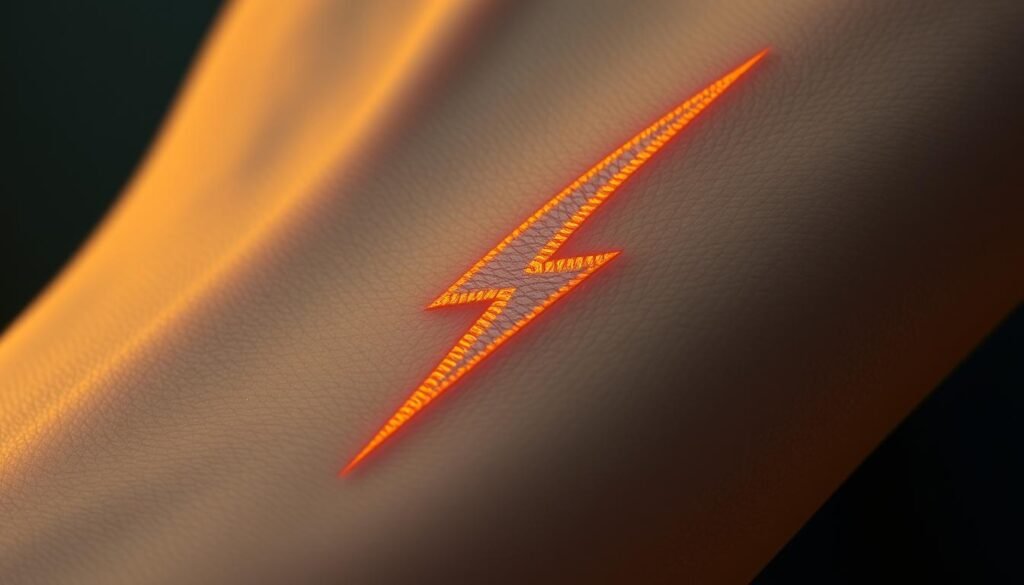 A close-up view of Harry Potter's iconic lightning bolt-shaped scar, illuminated by soft, warm lighting that accentuates its intricate texture and slightly raised edges. The scar's shape appears to have a subtle, fluid movement, hinting at the powerful Avada Kedavra curse that had created it. The background is blurred, placing the focus entirely on the scar's mesmerizing details. The overall mood is pensive, with a sense of the scar's significance and the pivotal moment it represents in the Harry Potter narrative.