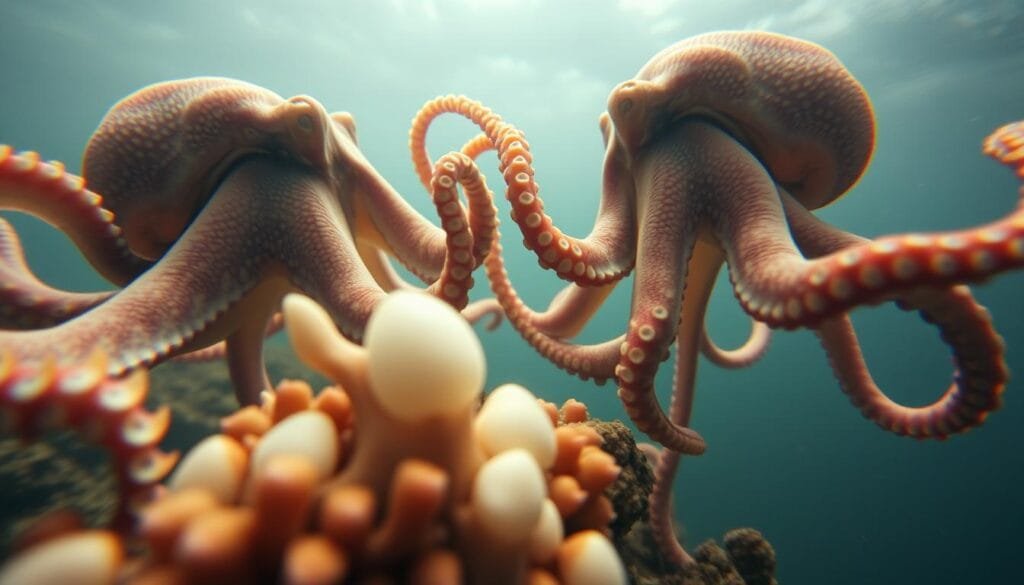 A close-up view of a group of octopuses engaged in their intricate mating ritual, set against a softly blurred underwater scene. The foreground features the octopuses intertwining their tentacles, their bulbous heads in close proximity as they exchange pheromones and sensory inputs. The middle ground showcases the octopus eggs, delicately attached to a coral or seaweed substrate, bathed in a warm, diffused lighting that creates a sense of tranquility. The background depicts the vast, mysterious ocean depths, with a gentle current swirling around the scene, emphasizing the octopuses' ephemeral existence and their "death by love" after mating.