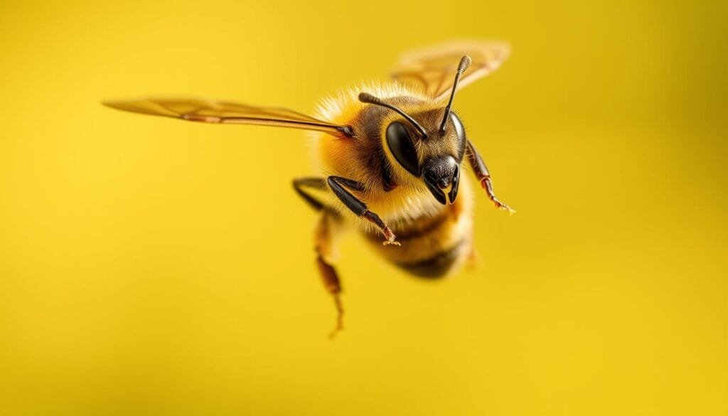 A close-up view of a honeybee in mid-flight, its wings a blur of motion against a crisp, sunlit backdrop. The insect's body appears streamlined, effortlessly slicing through the air with remarkable speed and agility. The image captures the bee's impressive maneuverability, showcasing its ability to dart, turn, and hover with precision. The lighting is natural and directional, casting dramatic shadows that accentuate the bee's musculature and the intricate details of its compound eyes and delicate antennae. The overall tone is one of awe and wonder, highlighting the sheer power and elegance of the bee's aerial prowess. A close-up view of a honeybee in mid-flight, its wings a blur of motion against a crisp, sunlit backdrop. The insect's body appears streamlined, effortlessly slicing through the air with remarkable speed and agility. The image captures the bee's impressive maneuverability, showcasing its ability to dart, turn, and hover with precision. The lighting is natural and directional, casting dramatic shadows that accentuate the bee's musculature and the intricate details of its compound eyes and delicate antennae. The overall tone is one of awe and wonder, highlighting the sheer power and elegance of the bee's aerial prowess.