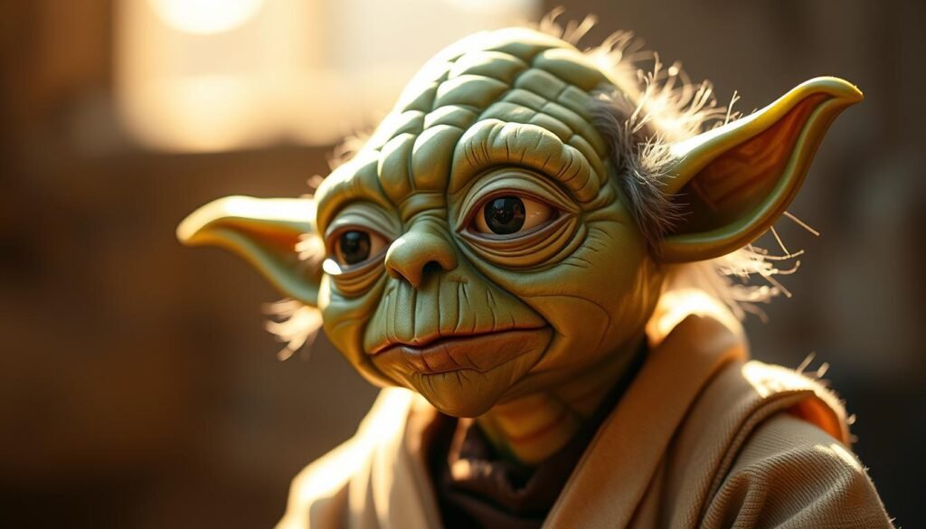 A close-up view of a meticulously crafted puppet, its intricate features and lifelike movements captivating the viewer. The puppet's expressive eyes and subtly articulated limbs convey a sense of vitality, as if it were the very embodiment of the legendary Jedi Master, Yoda. The puppet is illuminated by warm, natural lighting, casting gentle shadows that accentuate its detailed textures and form. The background is softly blurred, allowing the puppet to be the focal point, commanding the viewer's attention and suggesting the puppet's pivotal role in bringing this iconic character to life on the silver screen.