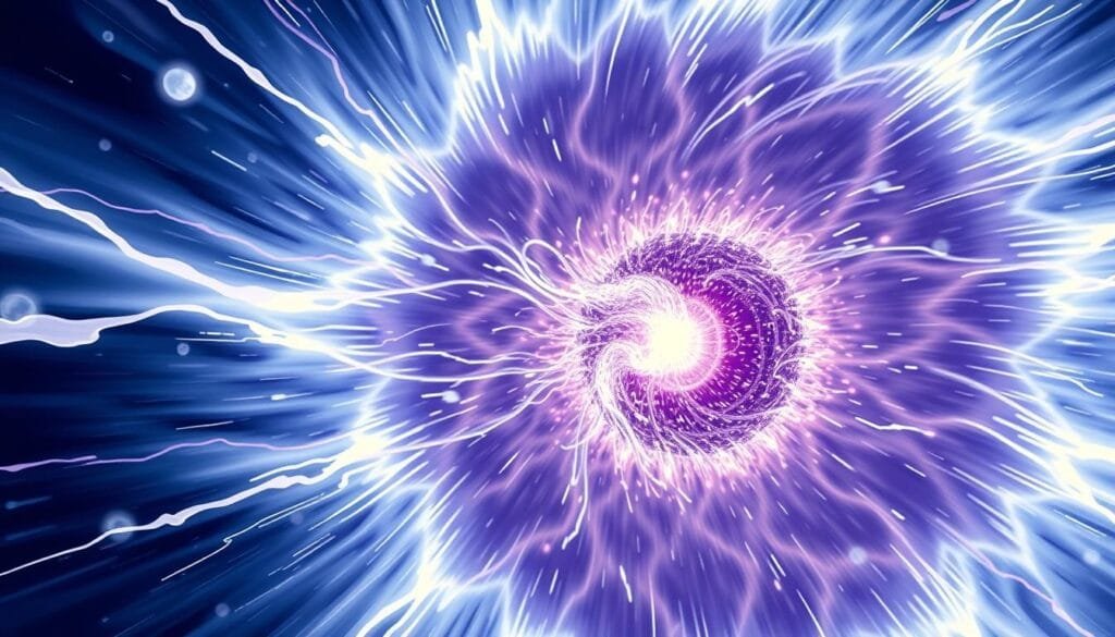 A close-up view of a neutron star, its dense, compact form radiating with intense luminosity. Captured in a crisp, detailed illustration, the star's immense mass and gravitational pull are palpable, with swirling plasma and charged particles dancing across its surface. The extreme density and rapid rotation create a powerful magnetic field, visualized as ethereal tendrils of energy extending from the core. Shades of blue, purple, and white predominate, conveying the star's otherworldly nature and the intense conditions at play. A sense of awe and scientific curiosity permeates the scene, inviting the viewer to contemplate the staggering properties of these celestial wonders.