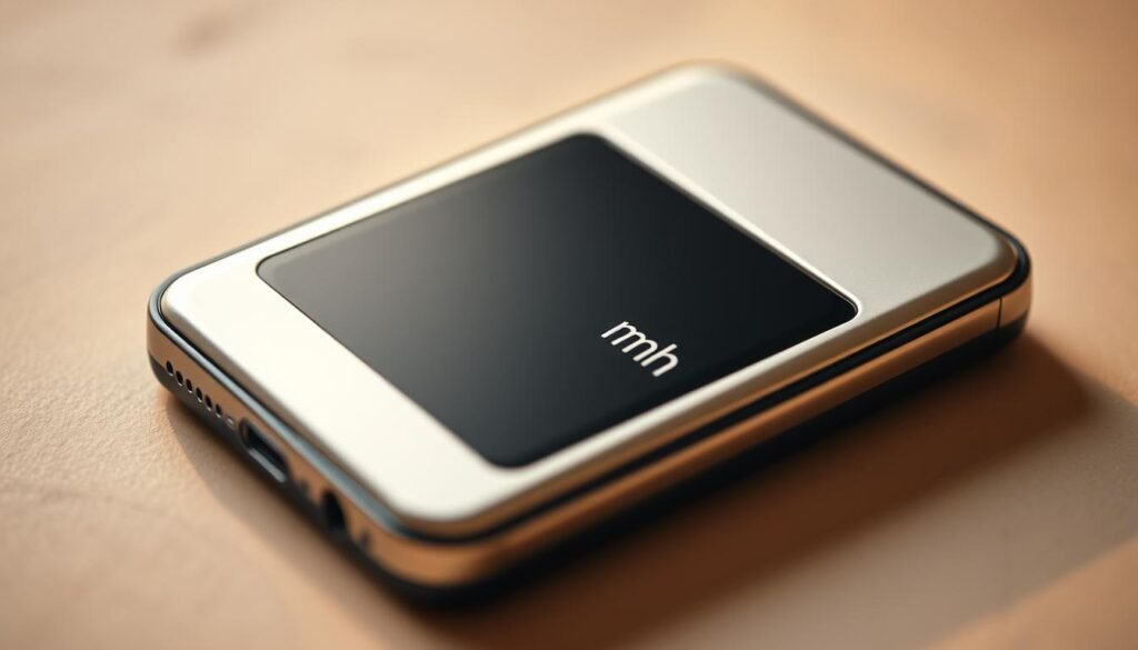 A close-up view of a smartphone battery pack, featuring a modern, sleek design with a metallic casing and smooth edges. The battery is highlighted against a soft, blurred background, with a warm, diffused lighting that accentuates its form and texture. The image showcases the battery's capacity, measured in milliampere-hours (mAh), as a visual representation of the powerful energy source that powers our mobile devices. The scene conveys a sense of technological sophistication and efficiency, hinting at the advanced engineering and rapid charging capabilities that enable our smartphones to outperform the computers used in historic space missions.