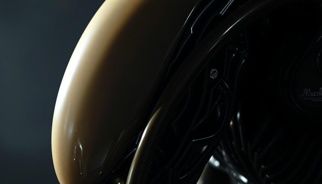 A close-up view of the distinctive dorsal tubes of a xenomorph, the iconic alien creature from the film franchise. The tubes are shown in vivid detail, with their smooth, glistening surface and intricate ridges and indentations. The lighting is dramatic, casting sharp shadows that accentuate the sculptural form of the tubes, creating a sense of power and menace. The background is out of focus, allowing the viewer to focus solely on the mesmerizing anatomical structure. The mood is one of scientific curiosity and unsettling fascination, hinting at the alien's lethal capabilities.