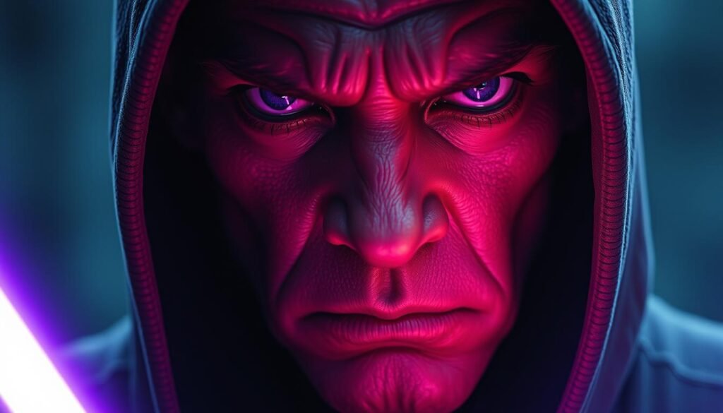 A closeup shot of Mace Windu's iconic purple lightsaber, illuminating the Jedi Master's stern expression. The saber's blade emits a rich, vibrant hue, casting a captivating glow across Windu's brooding features. Meticulously crafted details accentuate the lightsaber's intricate design, from the sleek metal casing to the intricate grooves and ridges. The image is bathed in a cool, atmospheric lighting, heightening the sense of mystery and power surrounding this unique weapon of the Jedi Order.