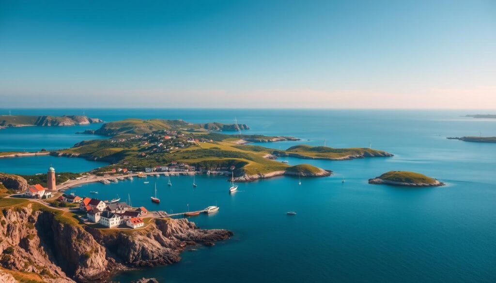 A coastal archipelago of serene islas, bathed in warm sunlight and vibrant hues. In the foreground, a picturesque fishing village nestled among rocky cliffs, with colorful boats bobbing in the calm waters. The middle ground reveals lush, rolling hills dotted with quaint houses and windmills. In the distance, a horizon of azure sky and turquoise seas, punctuated by the silhouettes of more remote islas. Capture this idyllic Danish landscape with a soft, dream-like lens, conveying a sense of tranquility and timeless beauty.