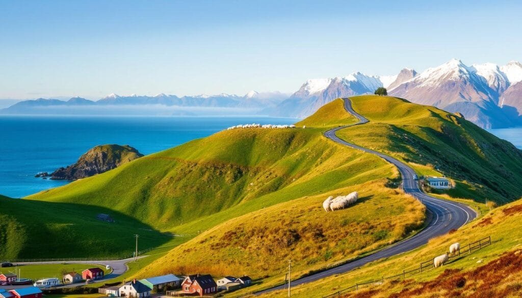 A coastal landscape in southern New Zealand, where rolling green hills meet the deep blue of the Pacific Ocean. In the foreground, a small coastal town with quaint houses and colorful fishing boats docked in the harbor. The midground features a winding road leading up to a grassy knoll, with a flock of fluffy white sheep grazing peacefully. In the background, rugged snow-capped mountains rise up, their peaks kissed by the golden light of the setting sun. The scene exudes a sense of tranquility and remoteness, capturing the essence of the region's geography and its close-knit relationship with the natural world. A coastal landscape in southern New Zealand, where rolling green hills meet the deep blue of the Pacific Ocean. In the foreground, a small coastal town with quaint houses and colorful fishing boats docked in the harbor. The midground features a winding road leading up to a grassy knoll, with a flock of fluffy white sheep grazing peacefully. In the background, rugged snow-capped mountains rise up, their peaks kissed by the golden light of the setting sun. The scene exudes a sense of tranquility and remoteness, capturing the essence of the region's geography and its close-knit relationship with the natural world.