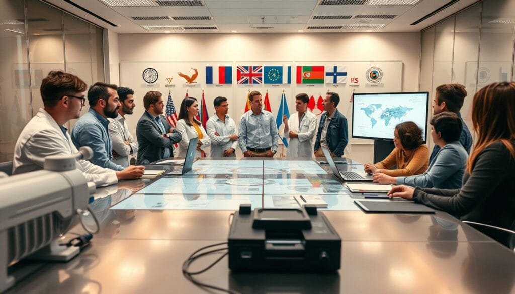 A collaborative group of diverse researchers, representing institutions from around the world, gather in a modern, well-lit conference room. Sleek silver and glass surfaces reflect the energy and focus in the room as they intently discuss data visualizations and diagrams on large, high-resolution displays. Warm, diffused lighting from overhead casts a sense of thoughtfulness and progress. In the foreground, a mix of scientific equipment, laptops, and notepads convey the technical work underway. The middle ground features the engaged team, gesticulating and exchanging ideas, while the background showcases the global reach of this collaborative effort through flags and logos from the participating organizations.