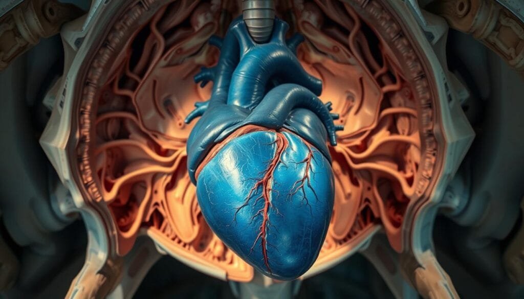 A colossal blue whale's heart, the size of a small automobile, rests at the center of a detailed anatomical cross-section. The massive organ is rendered in striking blue hues, with intricate veins and arteries visible. The heart is suspended in a detailed environment, with the surrounding anatomy of the whale's thoracic cavity visible. Soft, diffused lighting illuminates the scene, creating a sense of depth and scale. The overall mood is one of scientific curiosity and awe at the sheer magnitude of this remarkable biological structure. A colossal blue whale's heart, the size of a small automobile, rests at the center of a detailed anatomical cross-section. The massive organ is rendered in striking blue hues, with intricate veins and arteries visible. The heart is suspended in a detailed environment, with the surrounding anatomy of the whale's thoracic cavity visible. Soft, diffused lighting illuminates the scene, creating a sense of depth and scale. The overall mood is one of scientific curiosity and awe at the sheer magnitude of this remarkable biological structure.