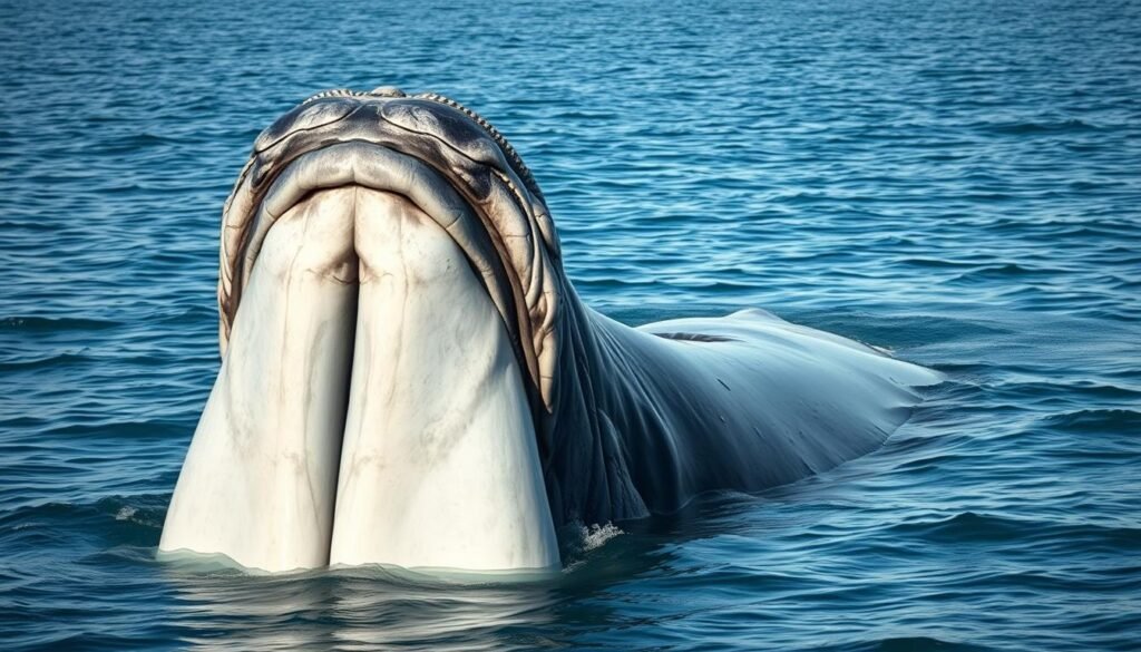 A colossal blue whale's massive tongue, resting peacefully in the serene ocean. The tongue fills the foreground, its immense size and weight captured in intricate detail, inviting the viewer to appreciate its sheer magnitude. In the middle ground, the whale's majestic form emerges, its vast body dwarfing the surrounding water. The background showcases the tranquil, azure expanse of the ocean, accentuating the scale and grandeur of this incredible marine creature. Lit by natural, soft lighting, the scene evokes a sense of awe and wonder, highlighting the true power and scale of the blue whale's remarkable anatomy.