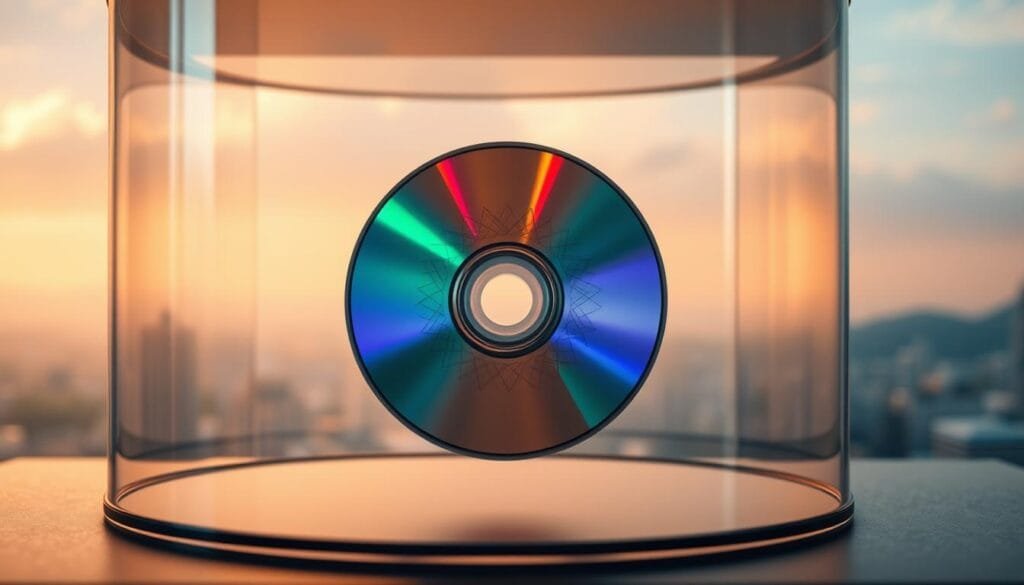 A compact disc floating in a glass display case, illuminated by soft, warm lighting. The CD's surface reflects intricate geometric patterns, symbolizing the vast storage capacity within. The background fades into a hazy, technical landscape, hinting at the digital realm where this data is stored and retrieved. The composition emphasizes the scale and potential of this simple, ubiquitous storage medium, inviting the viewer to contemplate the remarkable capacities hidden within.