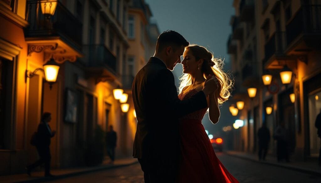 A couple dressed in elegant attire gracefully dances the tango against the backdrop of a dimly lit, atmospheric Buenos Aires street. The foreground is illuminated by warm, golden lighting that casts dramatic shadows, accentuating the dancers' fluid movements and the intimate connection between them. The middle ground features the characteristic architecture of the city, with ornate balconies and cobblestone streets, while the distant background is softly blurred, creating a sense of depth and setting the scene in the vibrant cultural heart of Argentina. The overall mood evokes the passionate, sensual nature of the tango dance, reflecting the rich linguistic and artistic heritage of the Río de la Plata region. A couple dressed in elegant attire gracefully dances the tango against the backdrop of a dimly lit, atmospheric Buenos Aires street. The foreground is illuminated by warm, golden lighting that casts dramatic shadows, accentuating the dancers' fluid movements and the intimate connection between them. The middle ground features the characteristic architecture of the city, with ornate balconies and cobblestone streets, while the distant background is softly blurred, creating a sense of depth and setting the scene in the vibrant cultural heart of Argentina. The overall mood evokes the passionate, sensual nature of the tango dance, reflecting the rich linguistic and artistic heritage of the Río de la Plata region.