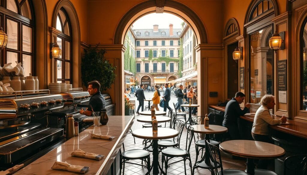 A cozy Italian café in the heart of a historic city, bathed in warm, golden light from large windows. The foreground features a marble-topped bar crowded with gleaming espresso machines, while baristas expertly craft rich, aromatic brews. The middle ground showcases small round tables with wrought-iron chairs, where patrons sip their drinks and engage in lively conversation. In the background, ornate archways frame a bustling piazza with cobblestone streets, ivy-covered buildings, and locals going about their day. The atmosphere is one of timeless sophistication, a sanctuary of Italian espresso culture and tradition. A cozy Italian café in the heart of a historic city, bathed in warm, golden light from large windows. The foreground features a marble-topped bar crowded with gleaming espresso machines, while baristas expertly craft rich, aromatic brews. The middle ground showcases small round tables with wrought-iron chairs, where patrons sip their drinks and engage in lively conversation. In the background, ornate archways frame a bustling piazza with cobblestone streets, ivy-covered buildings, and locals going about their day. The atmosphere is one of timeless sophistication, a sanctuary of Italian espresso culture and tradition.