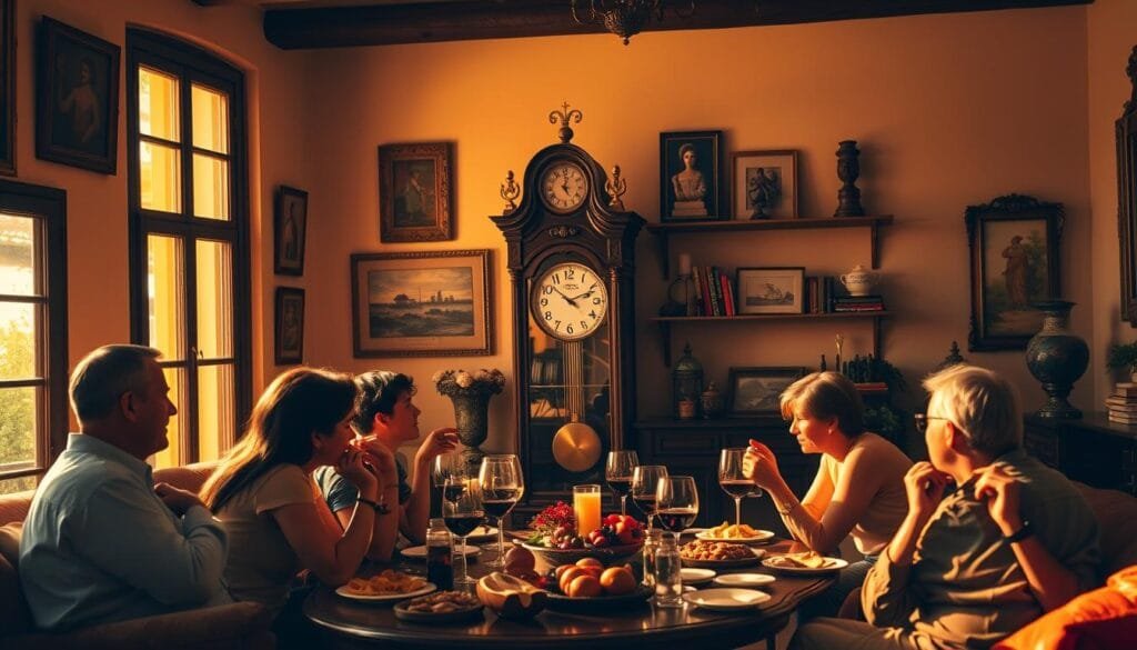 A cozy Spanish living room, bathed in warm, golden light streaming through large windows. In the foreground, a family gathers around a table, enjoying a late dinner of tapas and wine, their lively conversation filling the air. The middle ground features a grandfather clock with ornate brass fittings, its pendulum swinging slowly, marking the passage of time. In the background, a collection of framed art and shelves laden with books and knick-knacks create a sense of timelessness and tradition. The overall mood is one of leisurely, unhurried contentment, reflecting the unhurried rhythm of Spanish life.