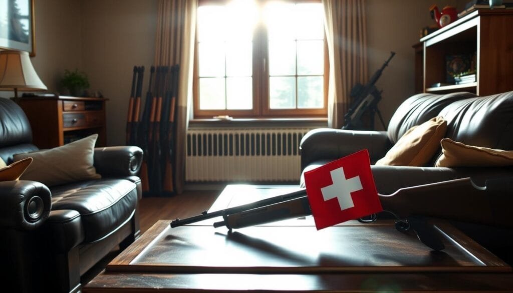 A cozy Swiss living room, with a well-stocked gun cabinet prominently displayed. Sunlight streams in through large windows, casting a warm glow on the polished wooden furniture. On a side table, a neatly folded Swiss flag rests beside a pair of pristine bolt-action rifles. The room exudes a sense of domestic tranquility, a stark contrast to the lethal potential of the firearms. This paradoxical scene captures the unique Swiss attitude towards gun ownership - deeply rooted in tradition, yet accompanied by remarkably low levels of gun-related violence.